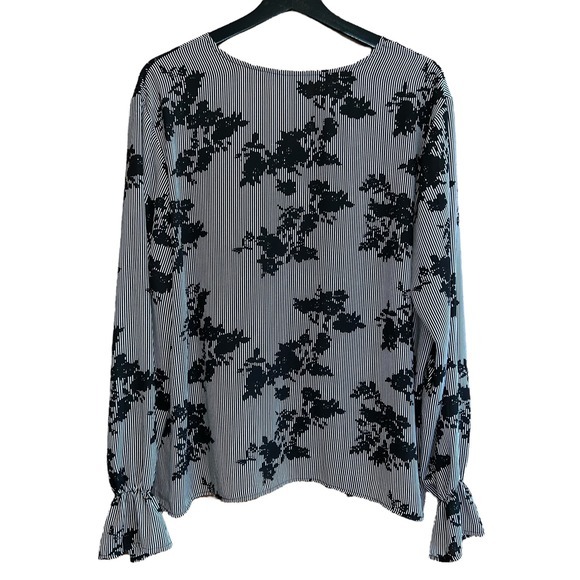 Worthington Floral Blouse Womens XXL Black White Striped Lace Up Long Sleeve Top - Picture 4 of 12